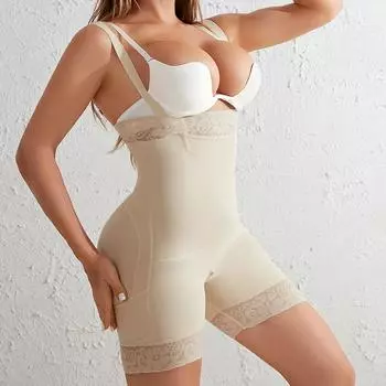 Женское цельное кружевное нижнее белье с высокой талией, утягивающие брюки с застежкой-молнией, утягивающее боди с эффектом подтяжки ягодиц и утягивающим поясом S