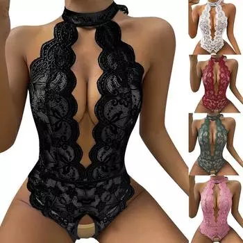 Женское цельное нижнее белье, кружевное сексуальное нижнее белье для кукол Тедди, ночная рубашка с лямкой на шее, женская одежда для сна Babydoll, боди S