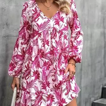 Женское цельное платье с длинным рукавом и V-образным вырезом плюс размер с цветочным принтом S розы красного