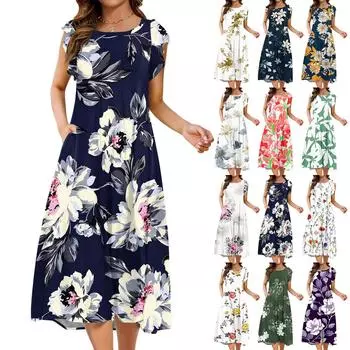 Женское цельное платье с короткими рукавами, расклешенными рукавами, свободного покроя, с круглым вырезом L армия зеленый