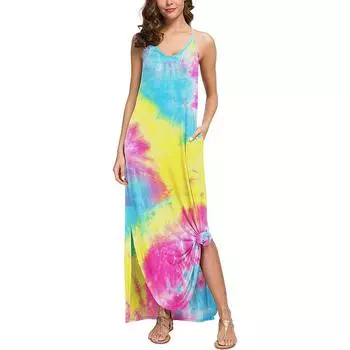 Женское цельное платье с принтом и принтом на бретельках и открытой спиной для летних каникул S разноцветный