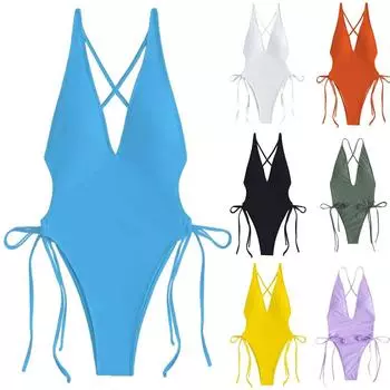 Женское цельное сексуальное бикини, сплошной цвет, кружево с голым бретелем на груди, купальник без стальных кронштейнов M синий