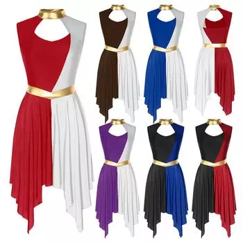 Женское церковное танцевальное платье в стиле пэчворк без рукавов с вырезом и неровным подолом, сценический костюм для выступлений S чёрный/бордовый