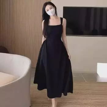 «Женское черно-белое платье-трапеция во французском стиле с подтяжками — плиссированная талия, размер плюс, весна/осень» XXL (recommended 135-155 jin)