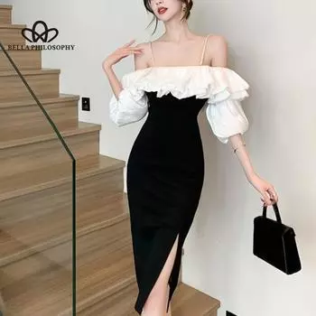 Женское черное элегантное вечернее платье с рюшами и рукавами-фонариками S чёрный