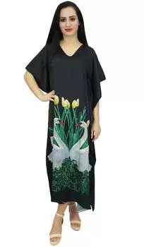 Женское черное атласное макси-кафтан Bimba с принтом лебедя, пляжная накидка для вечеринок 10 чёрный