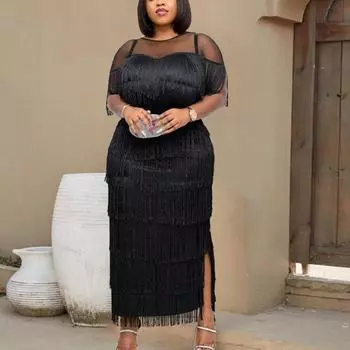 Женское черное длинное платье с кисточками в стиле пэчворк, сетчатое прозрачное вечернее обтягивающее облегающее платье для выпускного вечера большого размера S чёрный