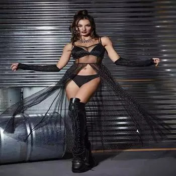 Женское черное длинное платье в стиле пэчворк из сетки, прозрачное вечернее платье, облегающее платье для выпускного вечера L чёрный