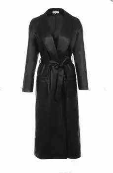 Женское черное кожаное длинное пальто из натуральной овчины, повседневное пальто, официальное S чёрный