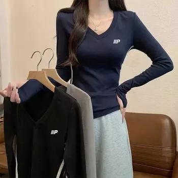 Женское черное нижнее белье с V-образным вырезом и длинными рукавами на весну и осень с узким топом в полоску по бокам Sweet Babes S чёрный