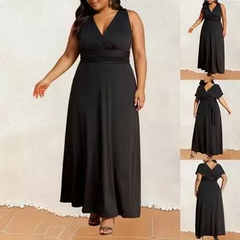 Женское черное платье без рукавов больших размеров с v-образным вырезом, женское повседневное сексуальное вечернее платье, макси-платье, свинг-сарафан 1XL чёрный