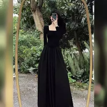 Женское черное платье French Tea, весна 2023 года, стиль Хепберн, облегающий крой, длинное платье с квадратным воротником L
