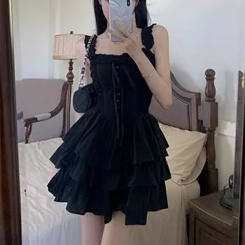Женское черное платье-комбинация в стиле Харадзюку в готическом стиле с оборками Y2k, уличная одежда, платья в стиле темно-панк, вечерние, корейская одежда S чёрный