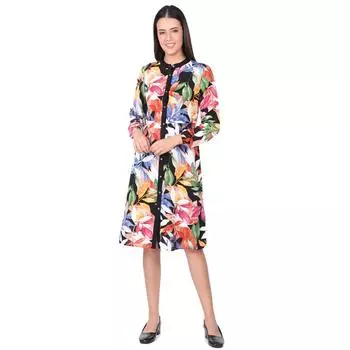 Женское черное платье-рубашка с пуговицами и узором в виде листьев