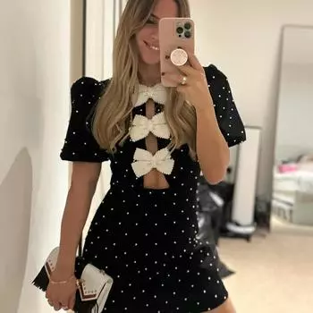 Женское черное платье с бантом и вырезом, сексуальное, с коротким рукавом, с волнистым краем, мини-платья с О-образным вырезом, весенние элегантные блестящие платья S бежевый