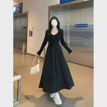 Женское черное платье с большим французским V-образным вырезом и длинными рукавами, осенний А-силуэт с плиссированной талией, утягивающий эффект 2XL [for 130-145 jin]