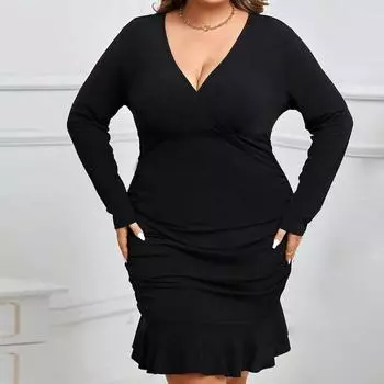 Женское черное платье с длинным рукавом и глубоким v-образным вырезом, черное платье с запахом на бедрах, темпераментное модное сексуальное вечернее платье размера плюс, тонкое платье с высокой талией XL чёрный