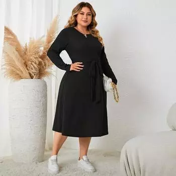 Женское черное платье с круглым вырезом и длинными рукавами, высокой талией, тонкое удобное дышащее платье, повседневное модное длинное платье больших размеров XL чёрный