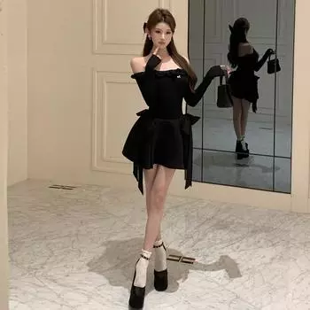 Женское черное платье в стиле Spice Girl с бантом на талии S чёрный