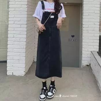 Женское черное ретро-джинсовое платье А-силуэта на подтяжках, с высокой талией, больших размеров, коллекция Лето 2022 S чёрный