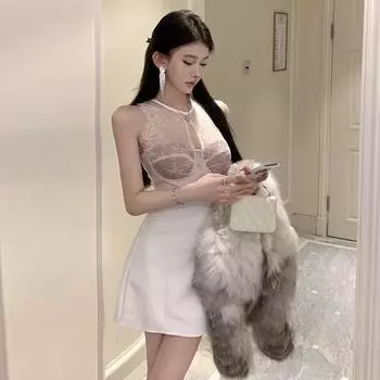 Женское чистое желание сексуальное кружевное платье без рукавов с полой талией S белый