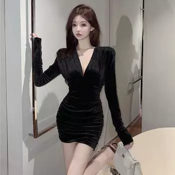 Женское чистое желание сексуальное платье с V-образным вырезом и складками из тонкого бархата S чёрный