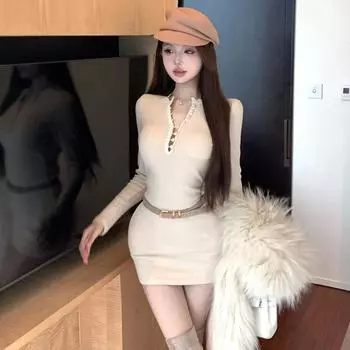 Женское чистое желание Spice girl с полой талией тонкое трикотажное платье S светло-коричневого