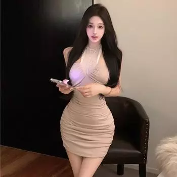 Женское чистое желание знаменитости шея сращивание тонкое трикотажное платье S абрикосовый