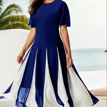 Женское цветное шифоновое платье с круглым вырезом и коротким рукавом в стиле весна-лето S красный