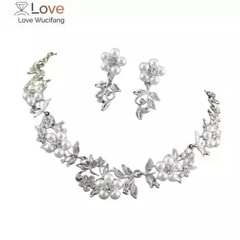 Женское цветочное искусственное жемчуговое посеребренное ожерелье серьги свадебный комплект ювелирных изделий
