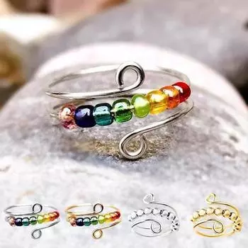 Женское декомпрессионное кольцо, вращающееся анти-беспокойство, радужное кольцо с бусинами, ювелирное изделие, регулируемое открытое облегченное кольцо для беспокойства для дочери, кольцо для девочек, подарок