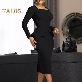 Женское деловое платье с квадратным вырезом и длинным рукавом, однотонное, с оборками, в стиле пэчворк, облегающее, OL, формальное платье миди для поездок на работу S чёрный