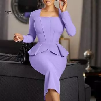 Женское деловое платье с квадратным вырезом и длинным рукавом, однотонное, с оборками, в стиле пэчворк, облегающее, OL, формальное платье миди для поездок на работу S красный