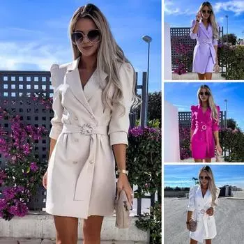 Женское деловое платье с поясом на талии и отложным воротником с V-образным вырезом, двубортное с длинными рукавами, официальное однотонное мини-платье для поездок на работу 2XL фиолетовый