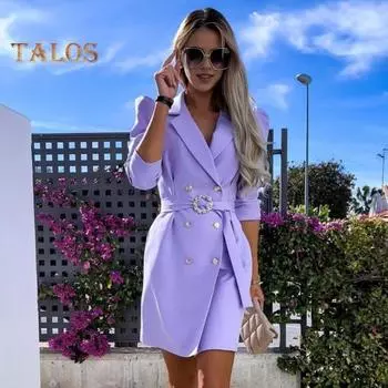 Женское деловое платье с поясом на талии и отложным воротником с V-образным вырезом, двубортное с длинными рукавами, официальное однотонное мини-платье для поездок на работу M хаки