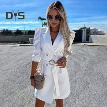 Женское деловое платье с поясом на талии и отложным воротником с V-образным вырезом, двубортное с длинными рукавами, официальное однотонное мини-платье для поездок на работу M хаки