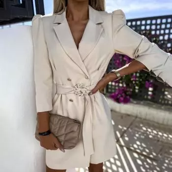 Женское деловое платье Yousheng с поясом на талии, отложным воротником, V-образным вырезом, двубортным, с длинными рукавами, в деловом стиле, однотонное мини-платье 2XL фиолетовый