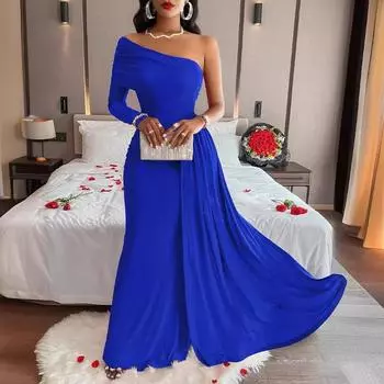 Женское диагональное плечо однотонное платье вечернее платье S королевский синий
