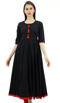 Женское дизайнерское этническое платье Kurti от Bimba, расклешенное платье Anarkali Kurta с кисточкой 10 чёрный
