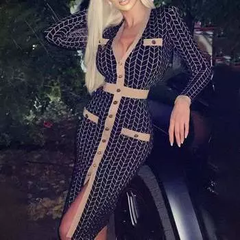 Женское дизайнерское клетчатое трикотажное платье с длинным рукавом и v-образным вырезом, однобортное тонкое платье-футляр, осеннее облегающее платье-свитер One Size абрикосовый