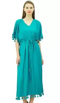 Женское дизайнерское платье-кафтан с кисточками Bimba, длинное макси-прикрытие с рукавом-кимоно 10 синий