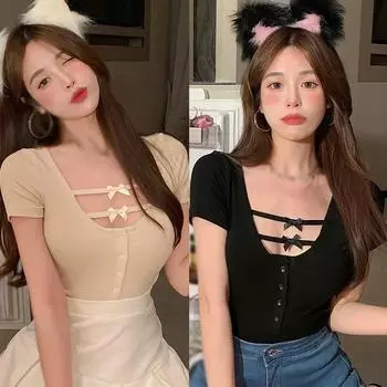 Женское дизайнерское платье с короткими рукавами, женское верхнее платье с бантом и полой девушкой, тонкая короткая футболка