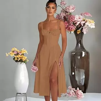 Женское дизайнерское платье с открытой спиной на тонких бретельках, сплошное цветное платье длиной до колена с v-образным вырезом и высокой талией S коричневый