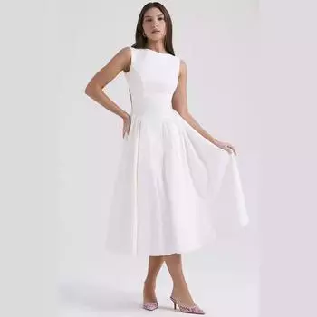 Женское дизайнерское платье с открытой спиной на тонких бретельках, сплошное цветное платье длиной до колена с v-образным вырезом и высокой талией L белый