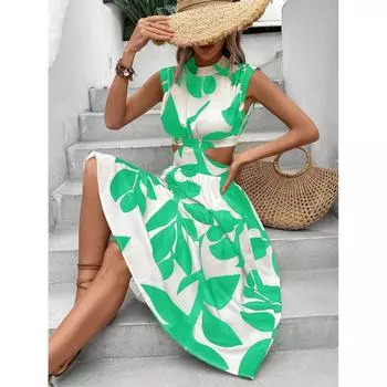 Женское длинное элегантное платье без рукавов с круглым вырезом и открытой талией с цветочным принтом L чёрный