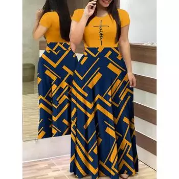 Женское длинное элегантное платье больших размеров с короткими рукавами и круглым вырезом 4XL