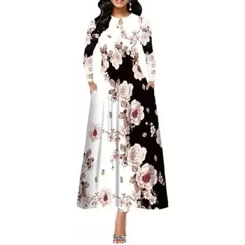 Женское длинное элегантное платье с круглым вырезом и принтом на карманах L чёрный