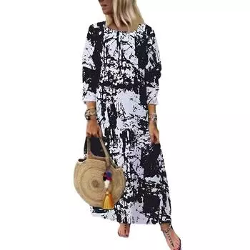 Женское длинное элегантное платье с круглым вырезом и длинными рукавами 4XL чёрный