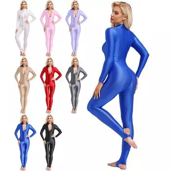 Женское длинное блестящее гладкое нижнее белье с молнией спереди и штрипками, облегающий комбинезон для бодибилдинга, ночного клуба, купальники M