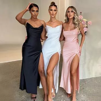 Женское длинное имитационное атласное платье-комбинация на бретельках элегантное женское сексуальное вечернее платье S белый